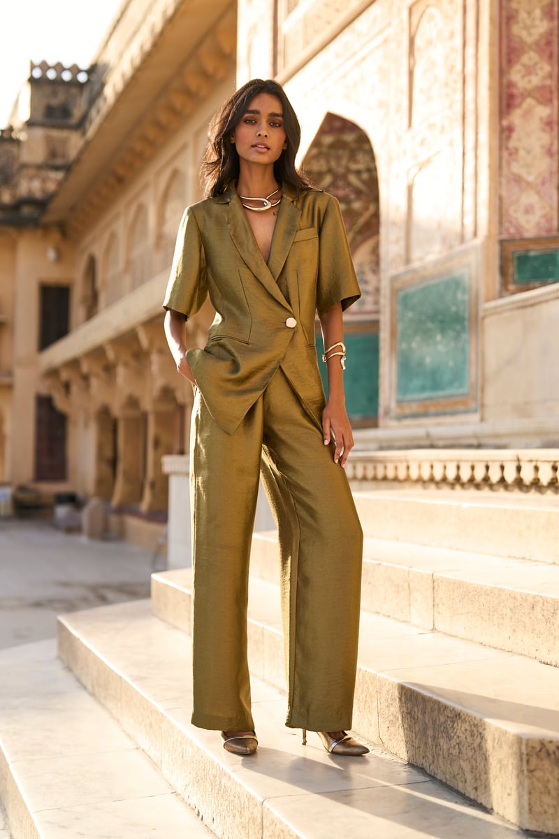 Green Metallic Lamé Tailored Half Sleeve Blazer