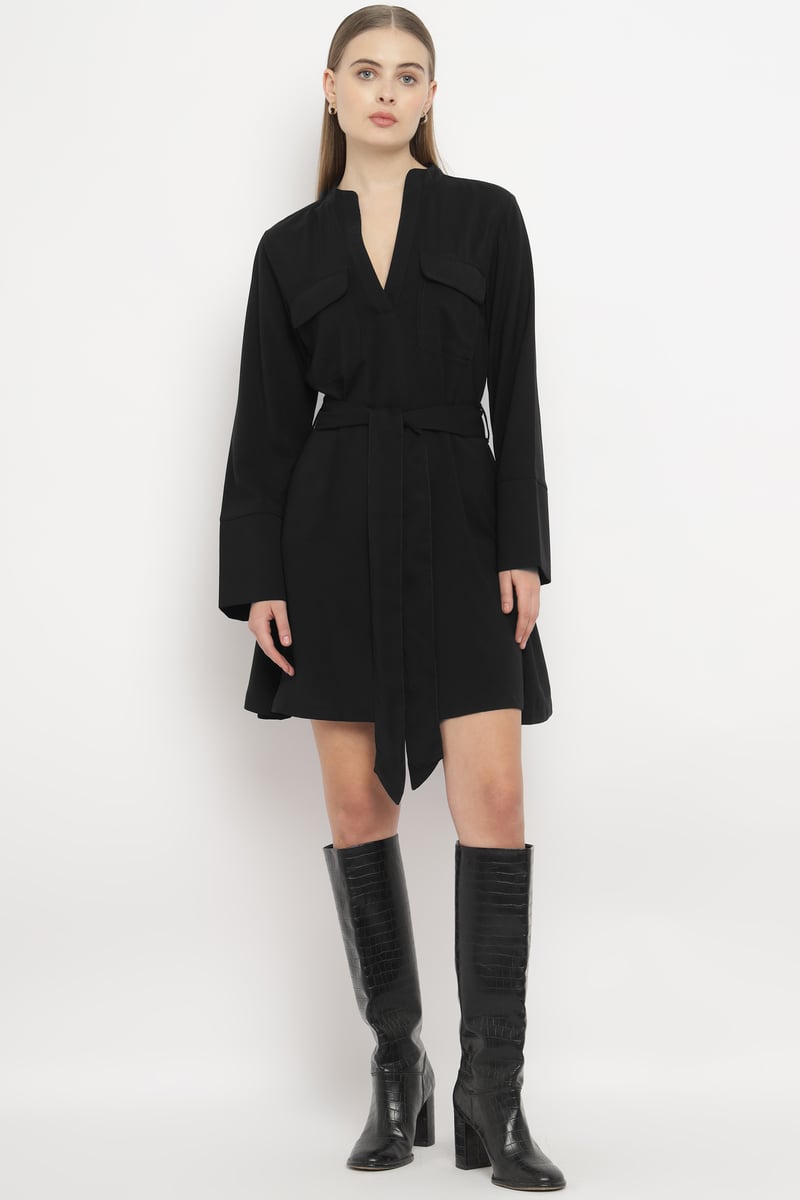 Black Belted Chemisier Mini Dress with Full Sleeves