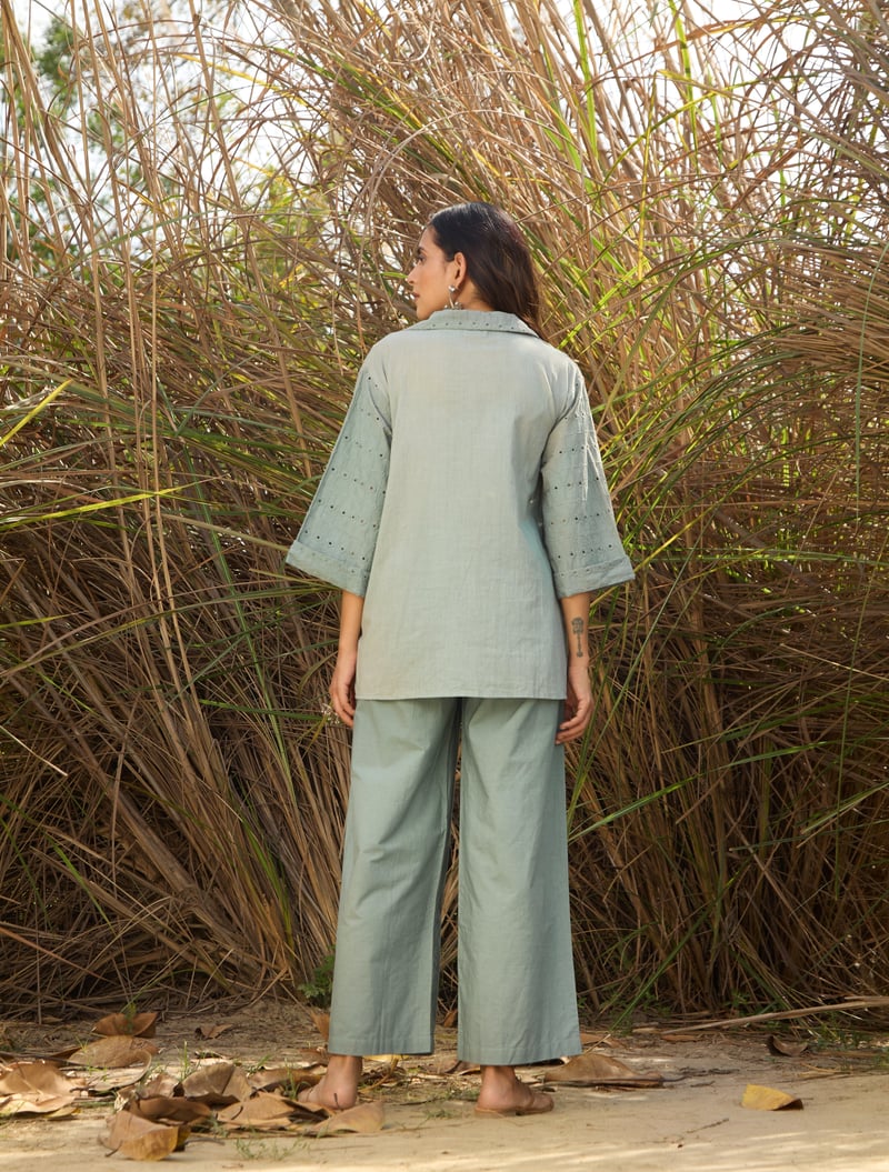Light Blue Cotton Cutwork Co-ord Set with Wide-Leg Pants
