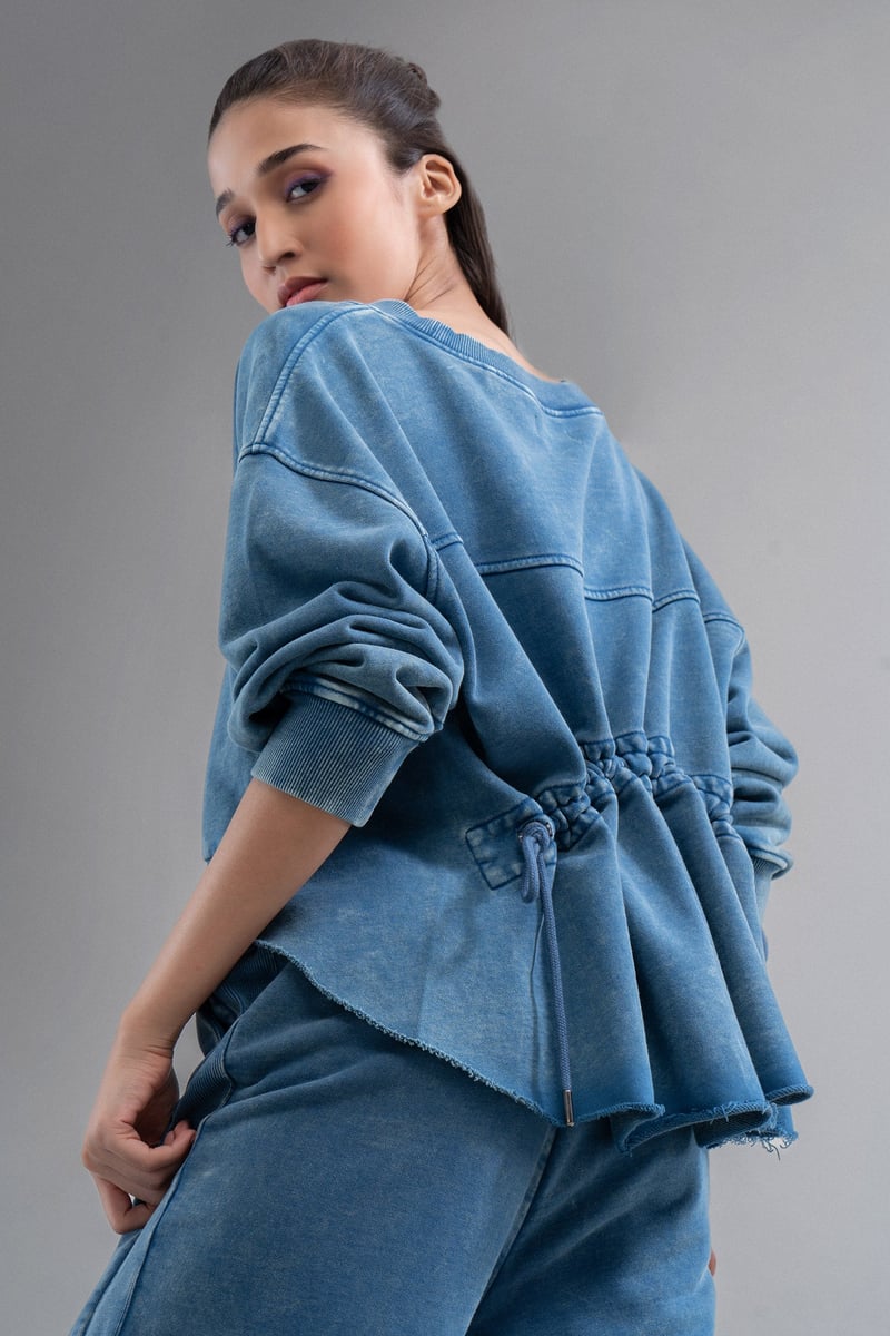 Blue Denim-Wash Ruched Back Cotton Terry Sweatshirt