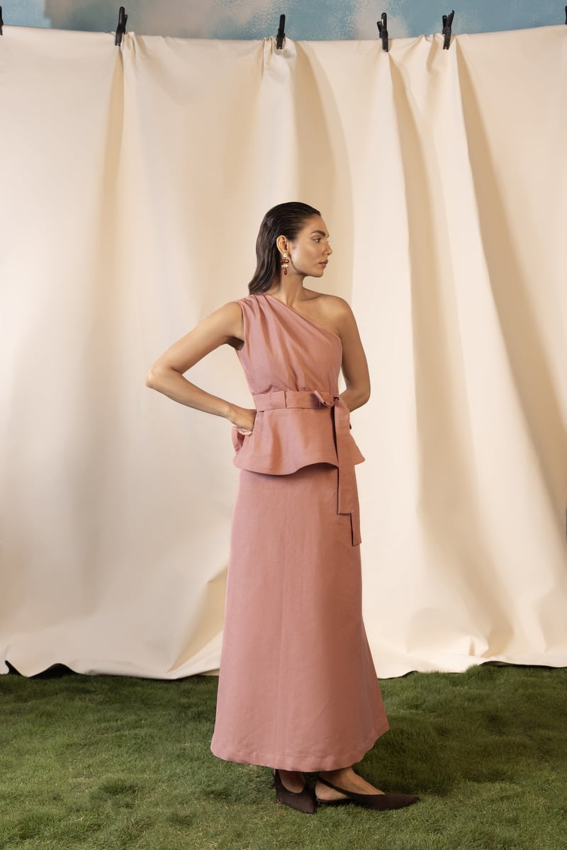 Dusty Rose One-Shoulder Peplum Top and Maxi Skirt Set