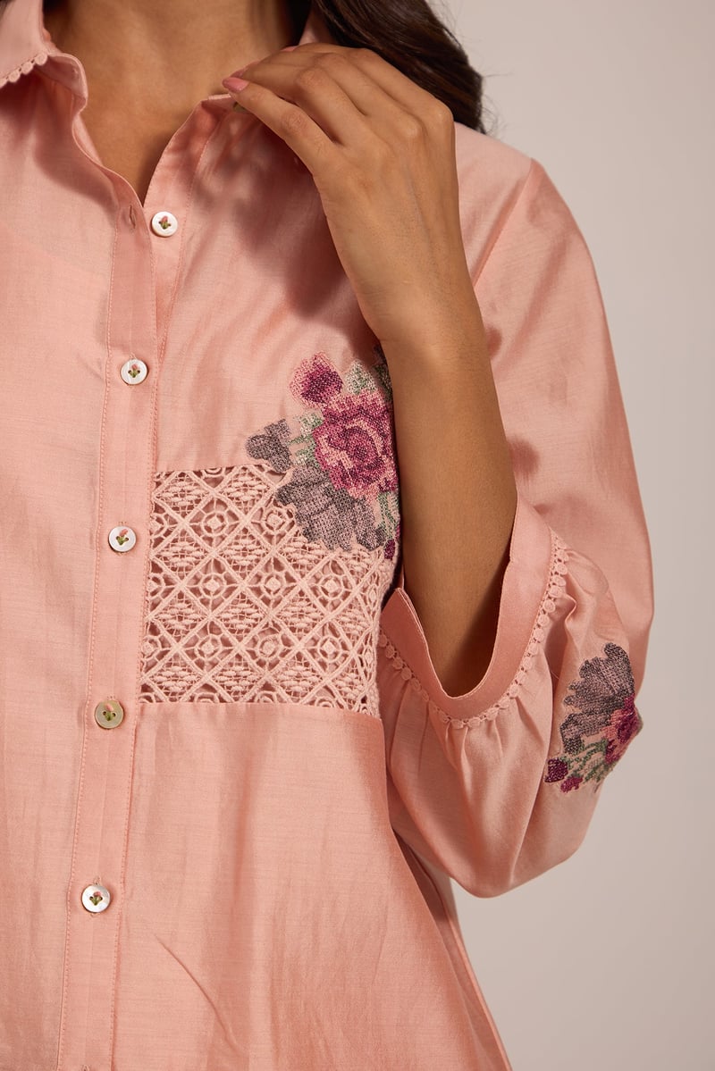 Pink Sheer Mul Chanderi Lace Panel Longline Shirt