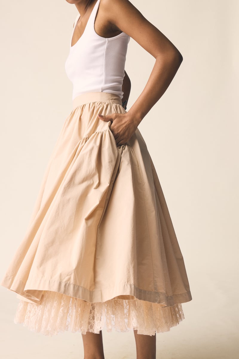 Beige Layered A-Line Midi Skirt with Lace Hem