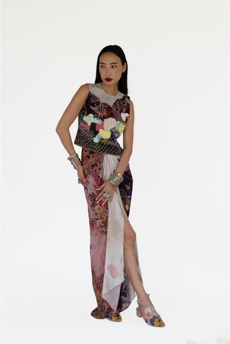Rose Pink Printed Blouse and Draped Maxi Skirt Co-ord Set