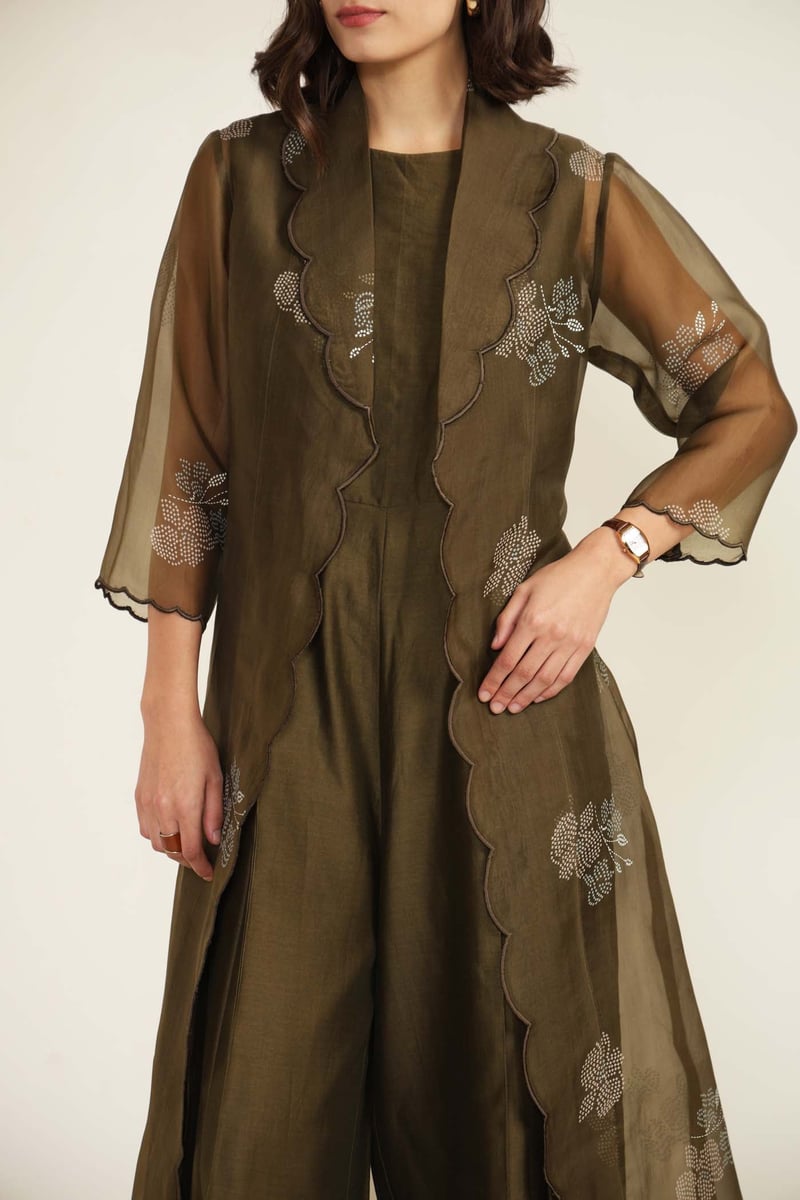 Olive Silk Chanderi Culotte Jumpsuit with Organza Jacket