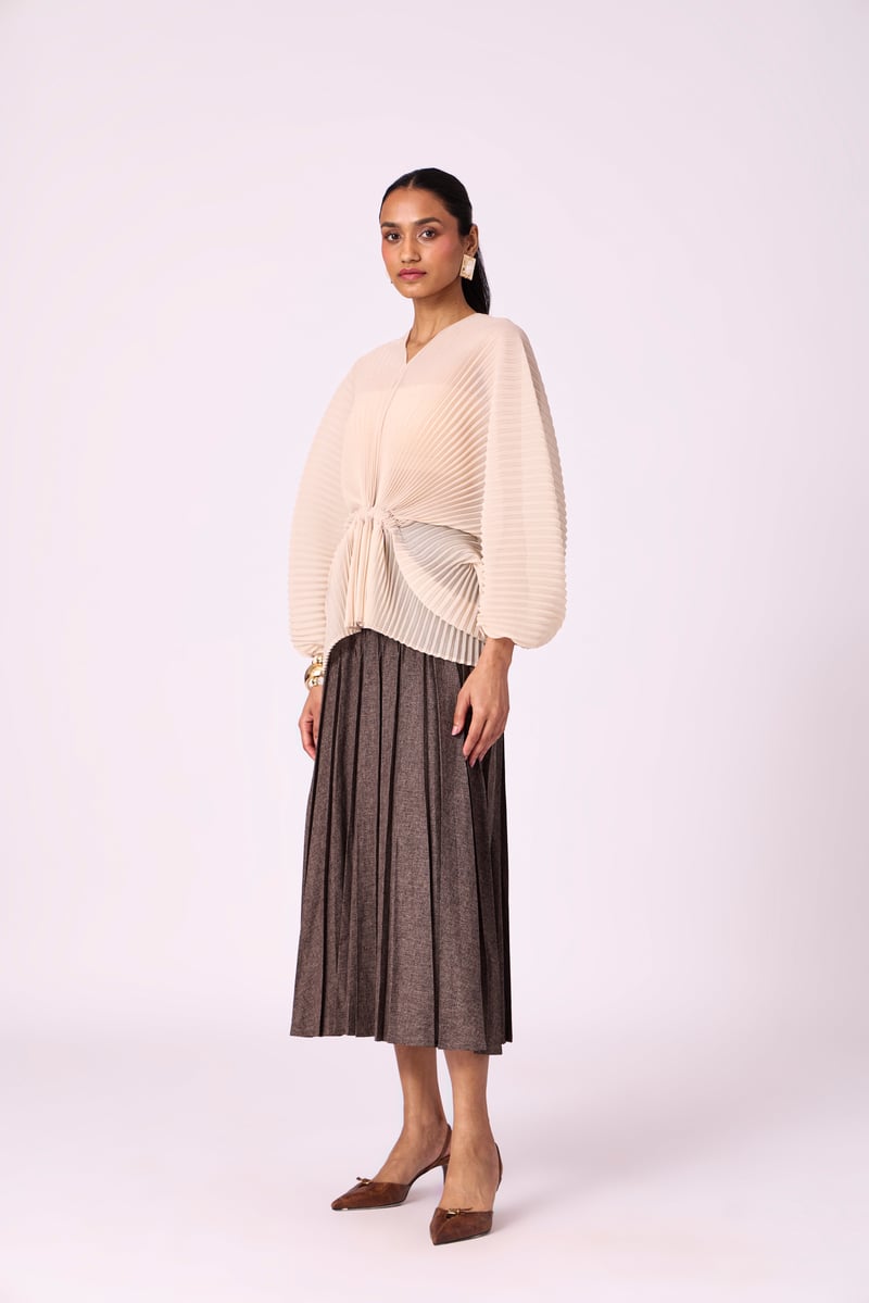 Cream Pleated Kaftan-Inspired V-Neck Batwing Top