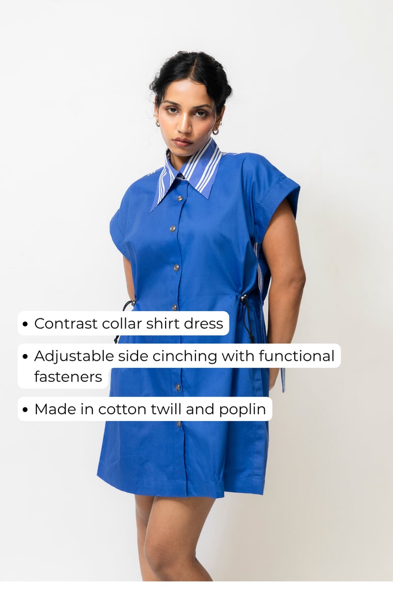 Blue Cotton Mini Shirt Dress with Adjustable Cinch Waist