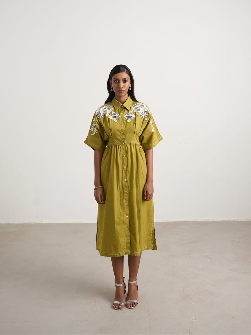 Green Embroidered Button-Down Cotton Midi Shirt Dress — Naka Teki
