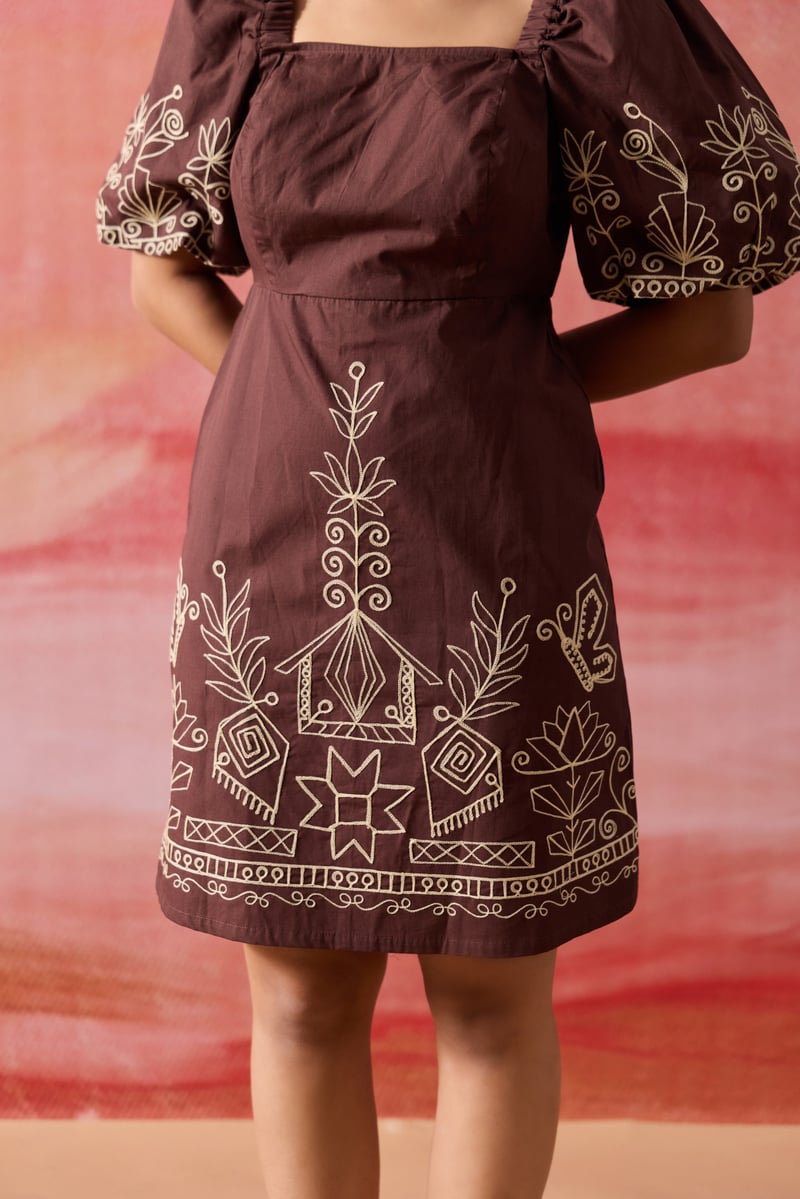 Brown Cotton Poplin Mini Dress with Aari Embroidery