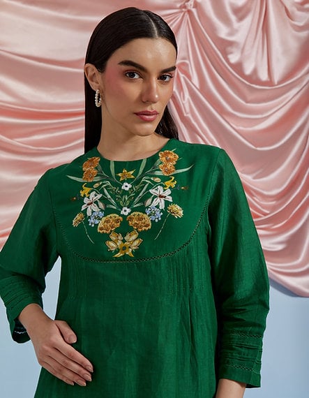Forest Green Embroidered Tunic Top and Pant Co-ord Set