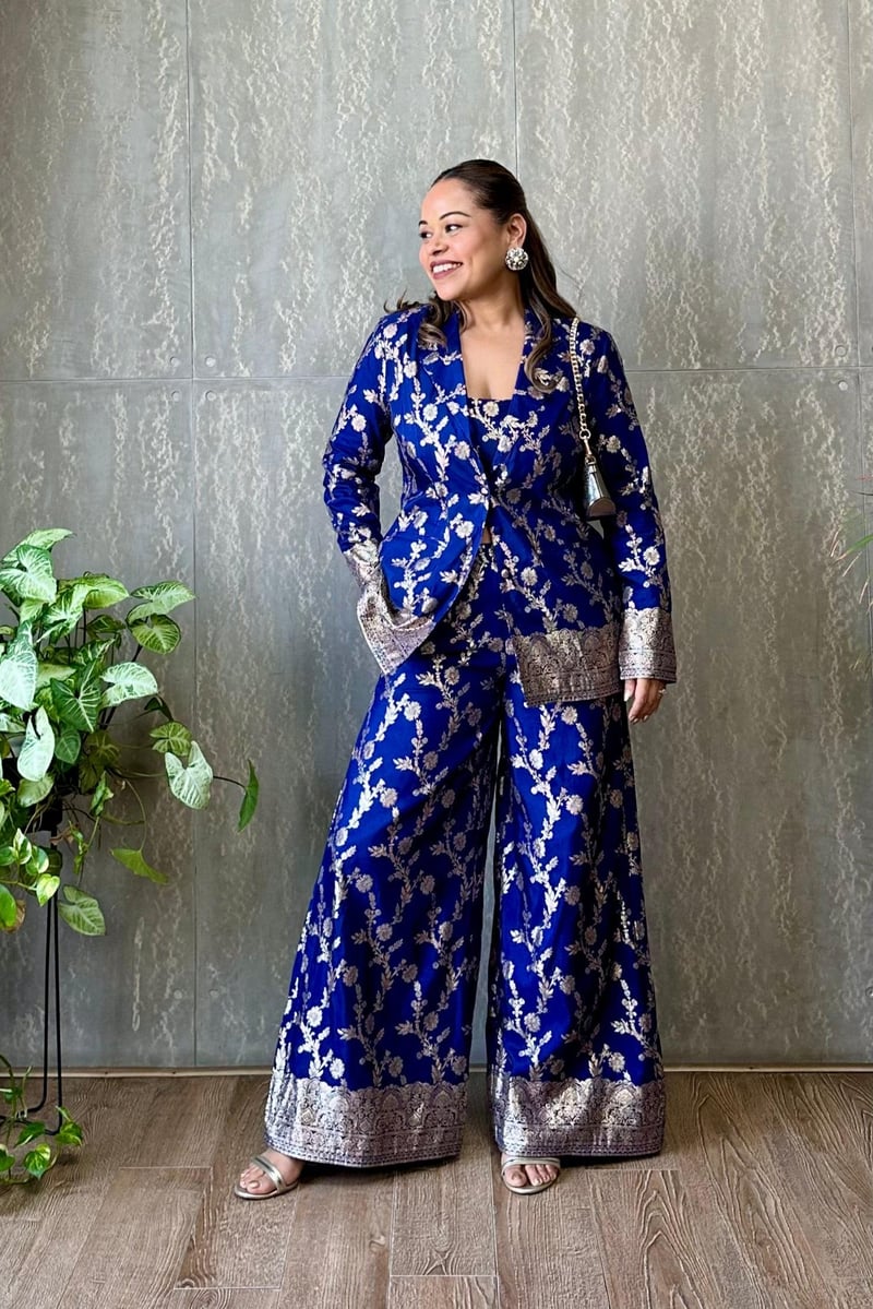 Royal Blue Brocade 3-Piece Co-ord Set