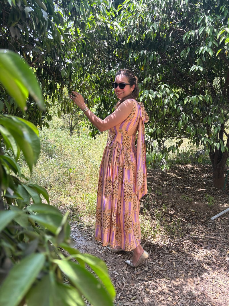 Peach Printed Empire Waist Fit and Flare Midi Dress