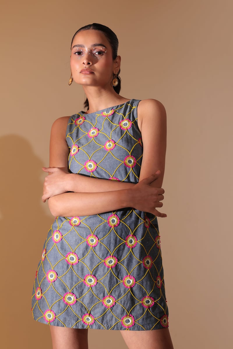 Blue Denim Embroidered Daisy Lattice Shift Mini Dress