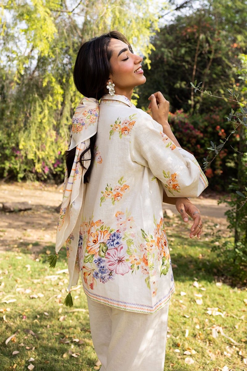Cream Linen Floral Shirt and Trouser Co-ord Set