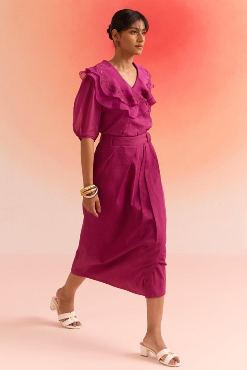 Wine Wrap-Draped Midi Skirt in Cotton Satin