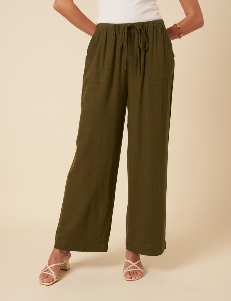 Olive Green Wide-Leg Drawstring Trousers with Patch Pockets