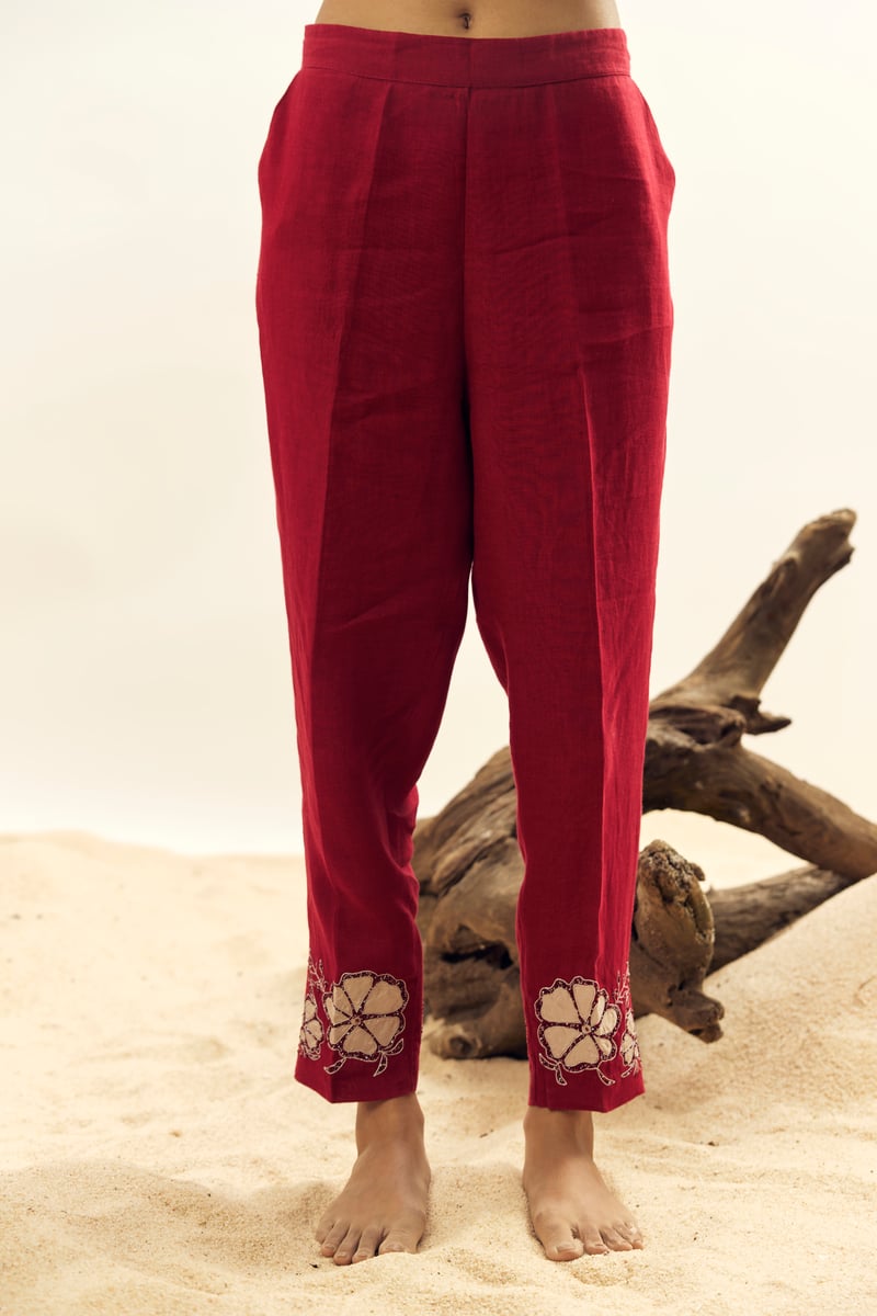 Crimson Linen Tunic and Tapered Pants Co-ord Set