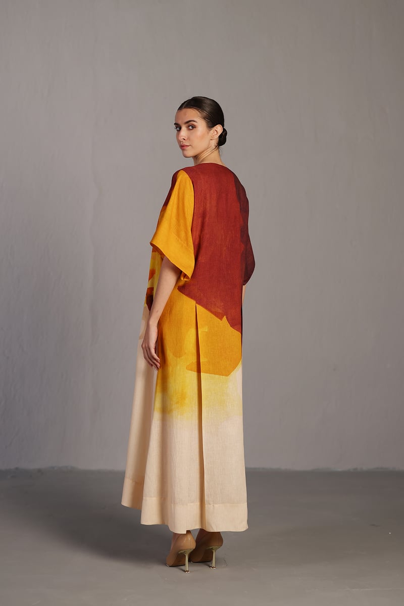 Ochre Abstract Printed Linen Maxi Dress