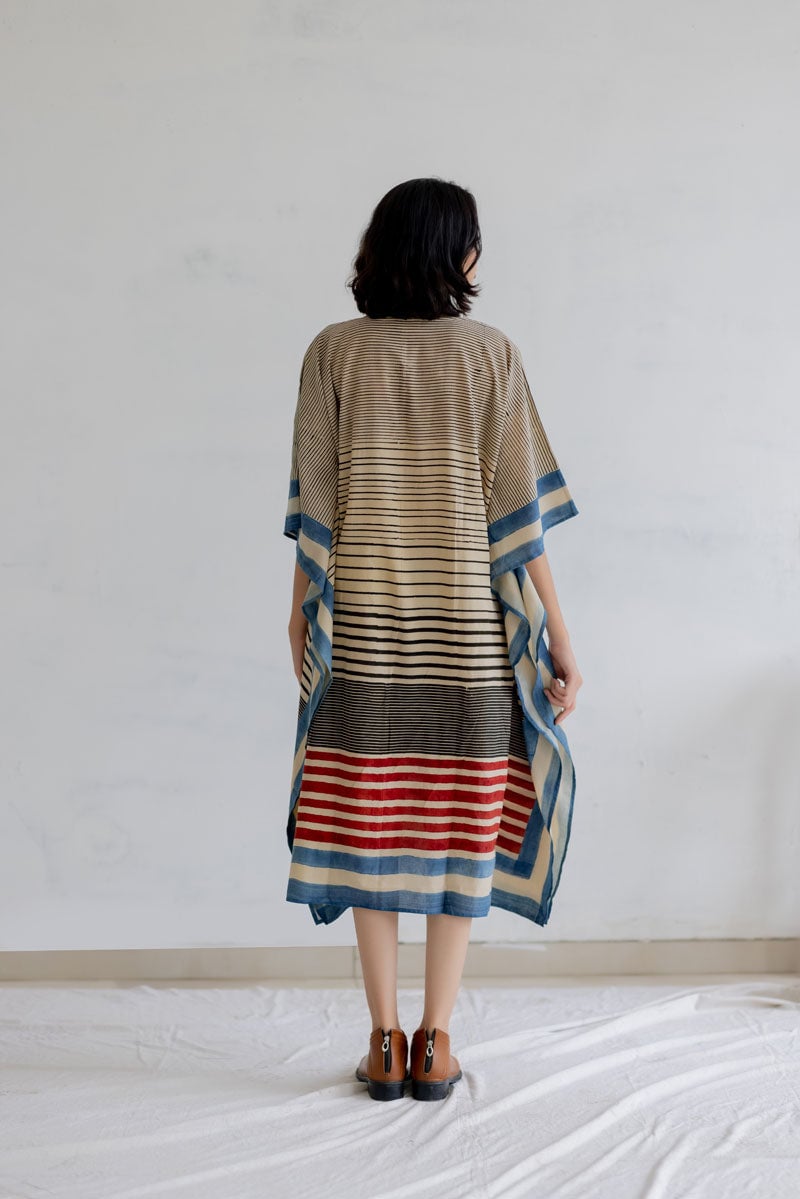 Multicolor Striped Cotton Kaftan Dress with V-Neck
