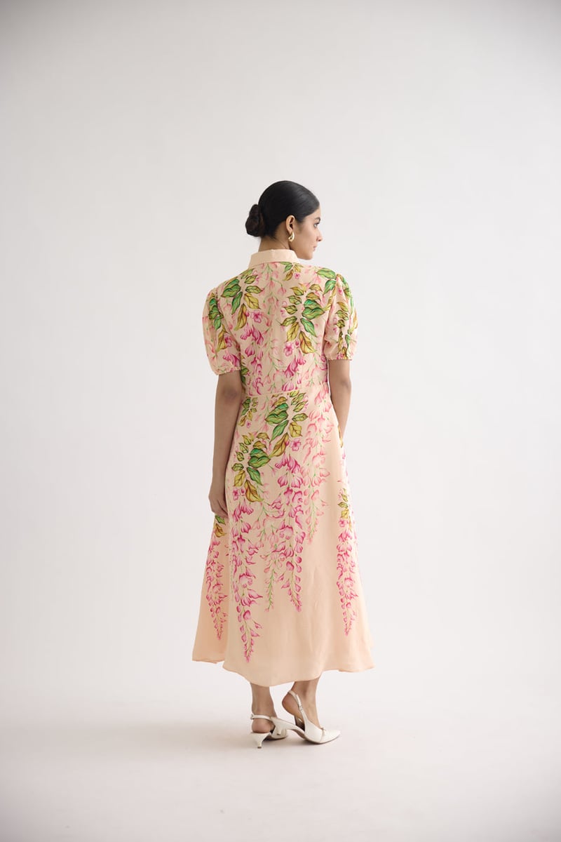 Pink Floral A-Line Midi Shirt Dress with Puff Sleeves