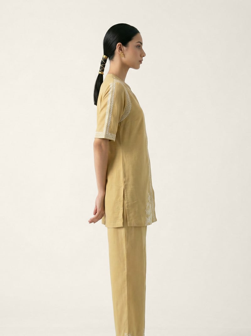 Beige Schiffli Embroidered Kurta and Pants Co-ord Set