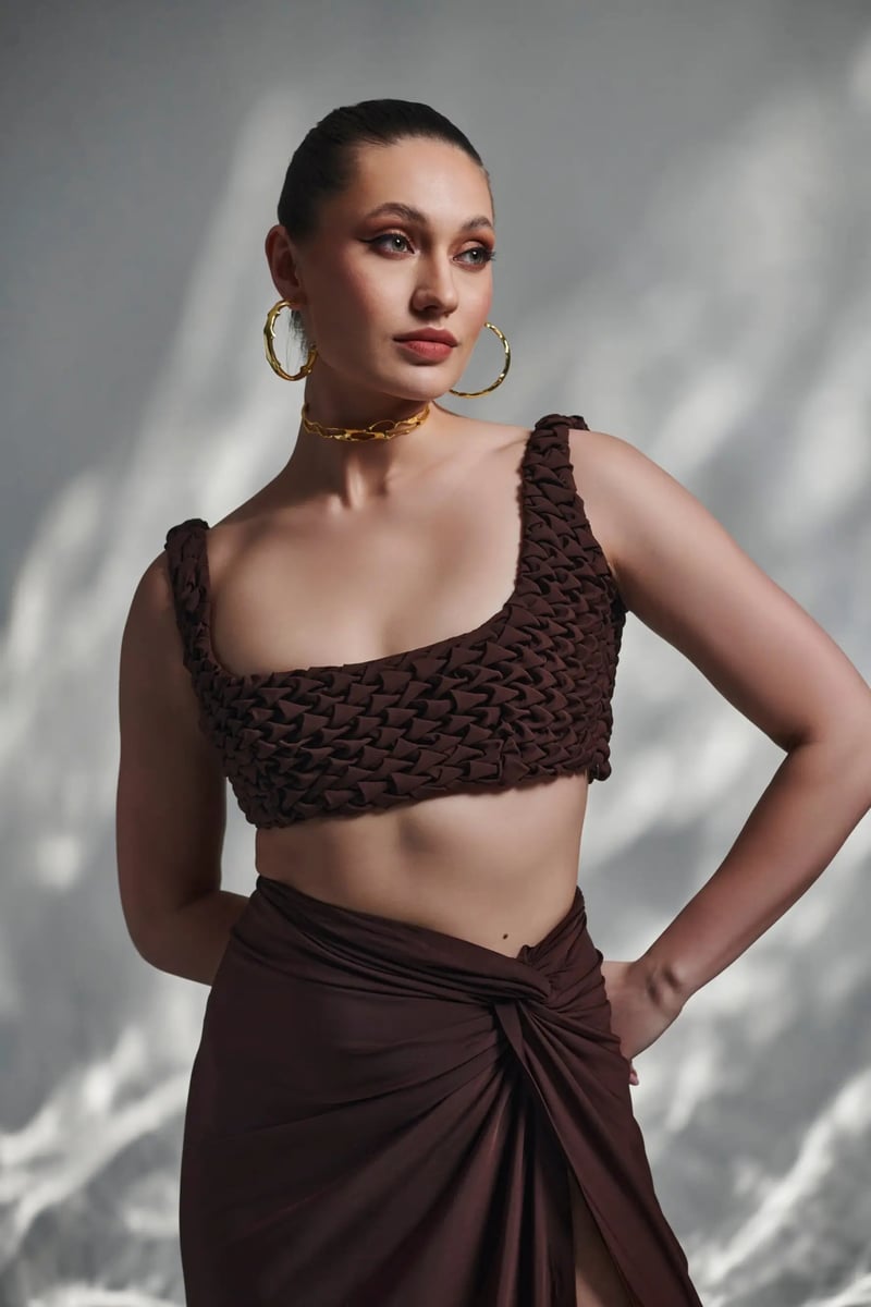 Brown Draped Knot-Detail Maxi Skirt with Slit
