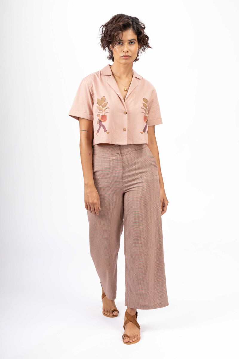 Cinnamon Cotton Boxy Cropped Printed Camp Collar Top