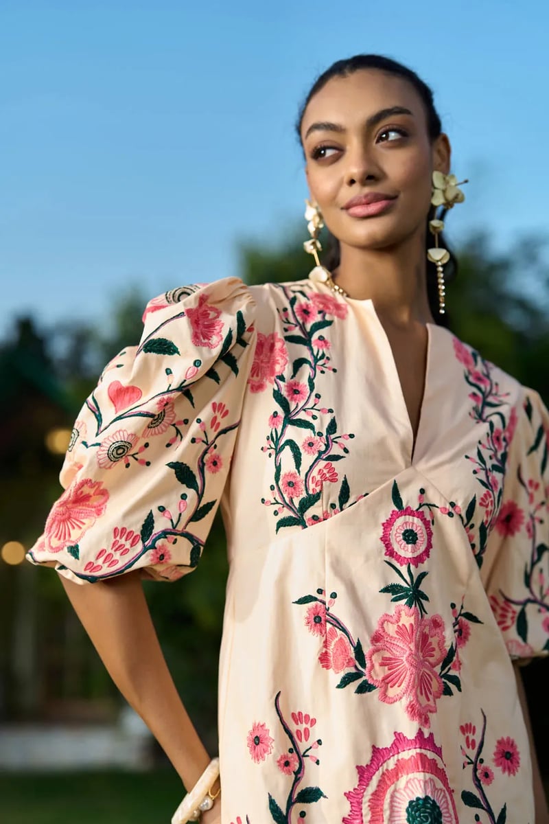 Cream Cotton Embroidered Puff Sleeve Mini Dress