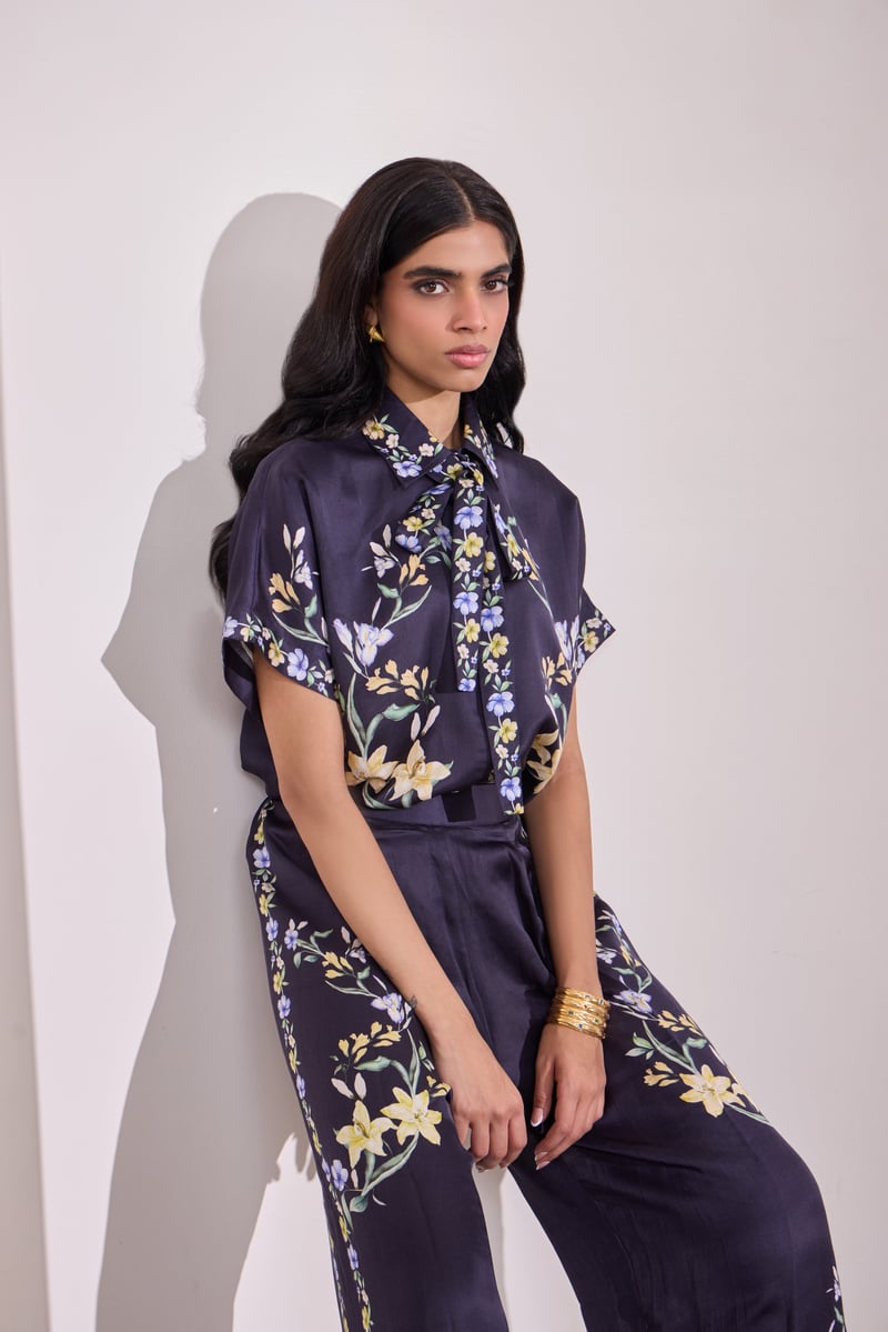 Navy Linen Satin Floral Placement Print Shirt
