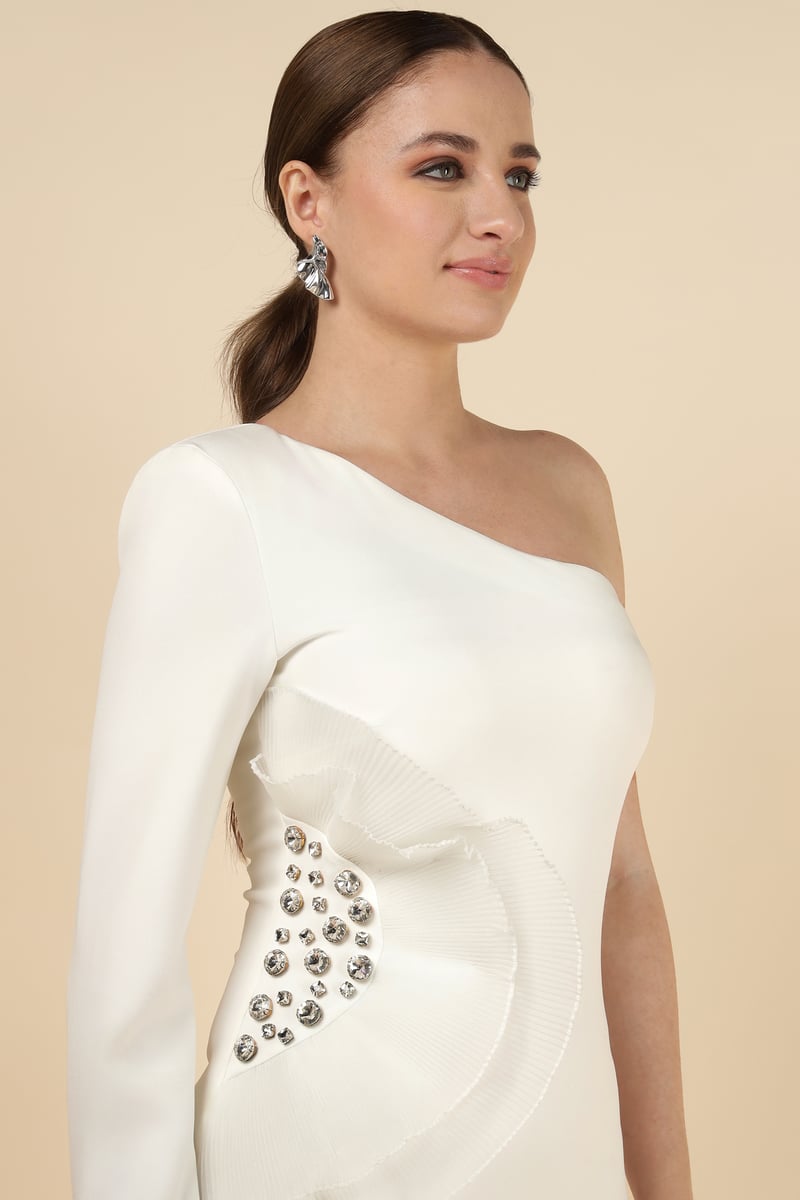 Ecru One-Shoulder Bodycon Midi Dress with Crystal Detail