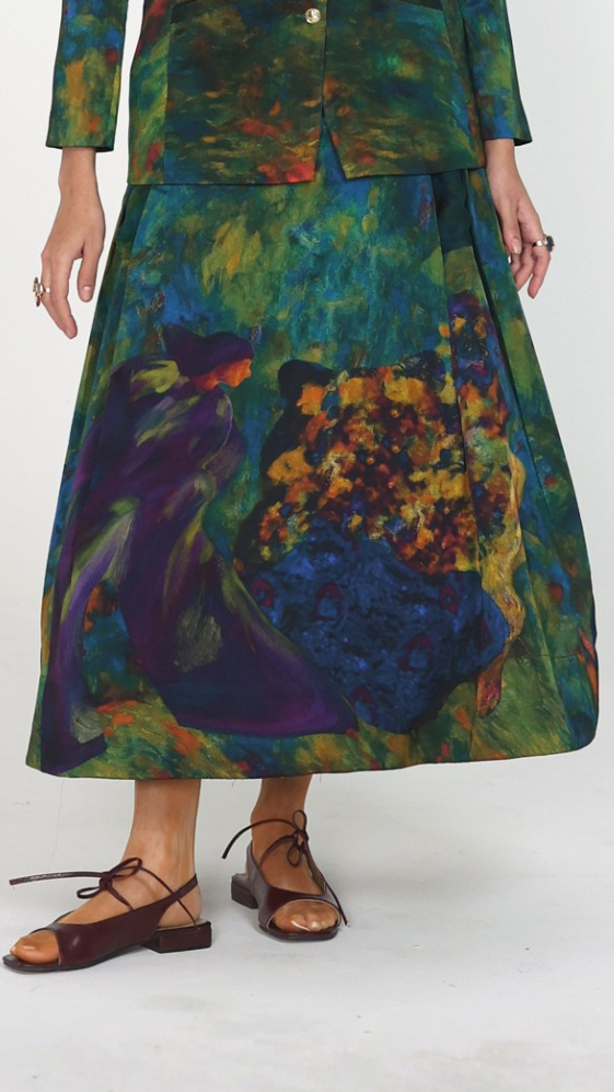 Multicolor Abstract Printed High-Waist Box Pleat Midi Skirt — ART LOV AFFAIR