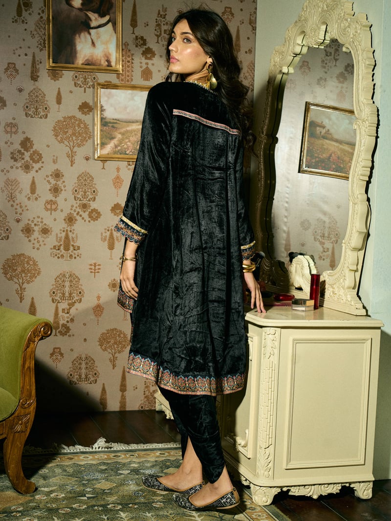 Black Velvet High-Low V-Neck Kurta Set with Dhoti Bottom