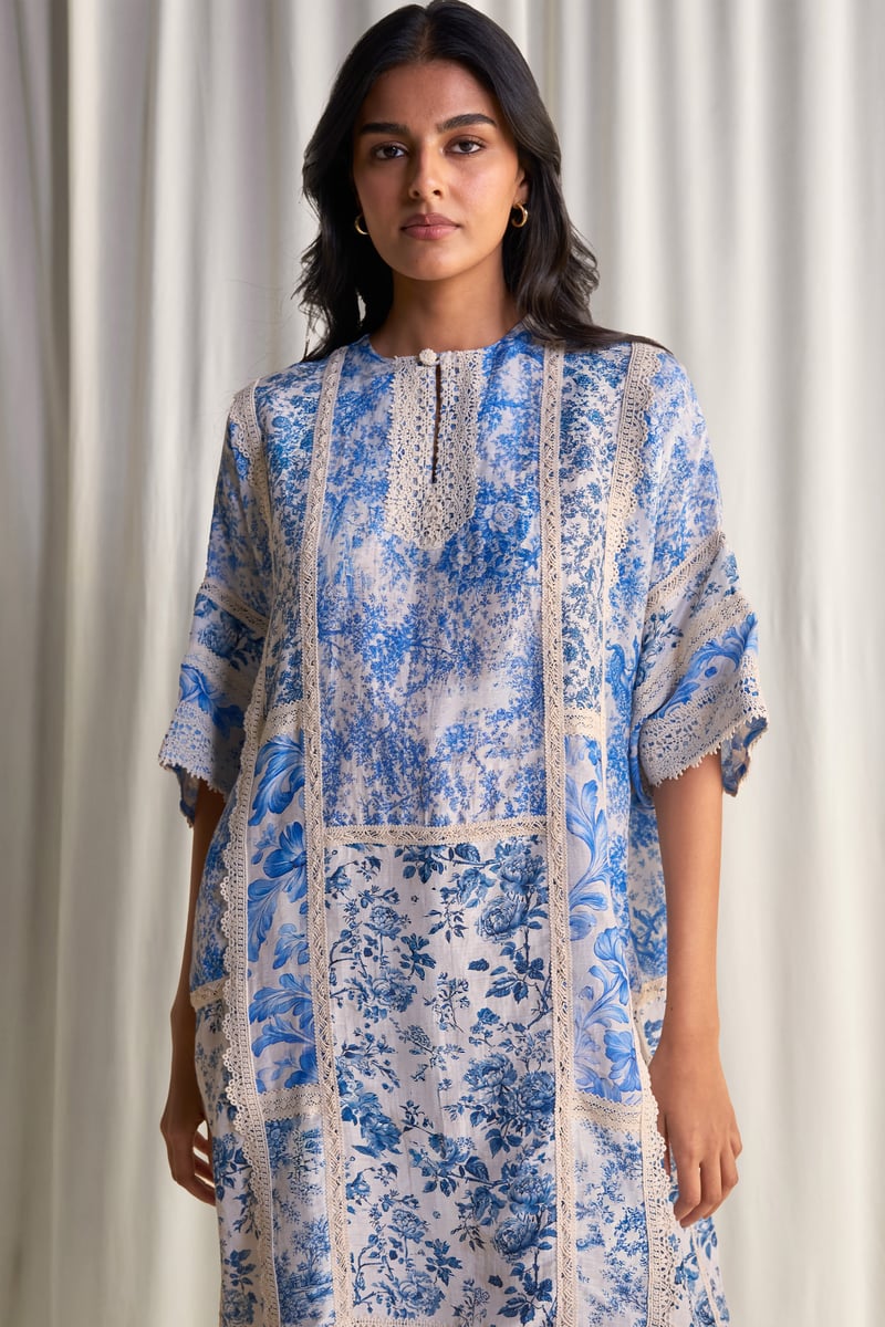 Blue and White Porcelain Print Patchwork Mini Dress