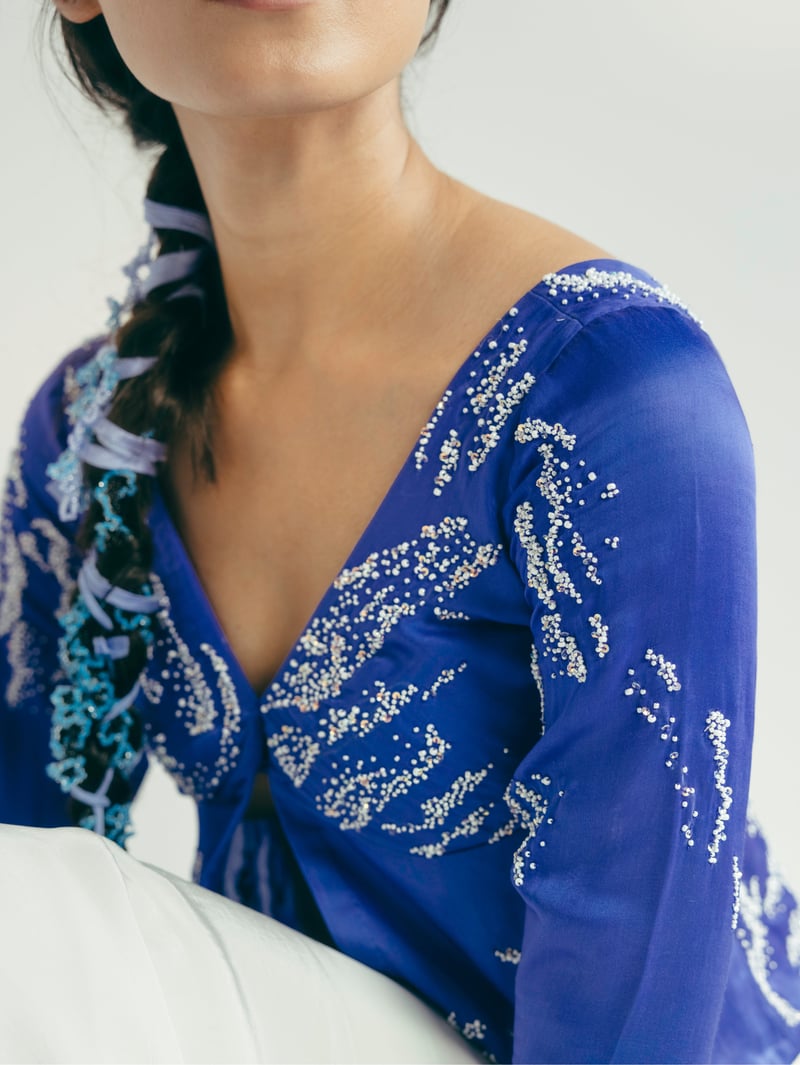 Blue Embellished Jacket Top and Draped Maxi Skirt Co-ord