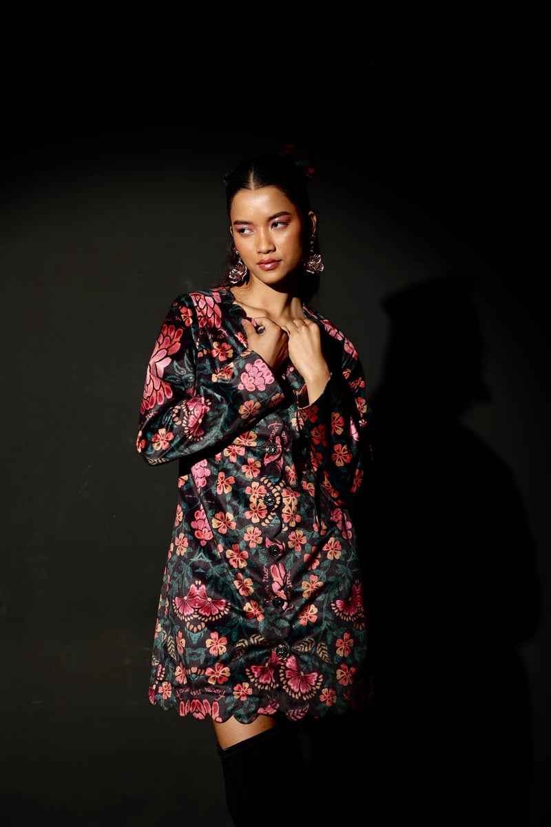 Black Velvet Floral Scalloped Button-Front Jacket