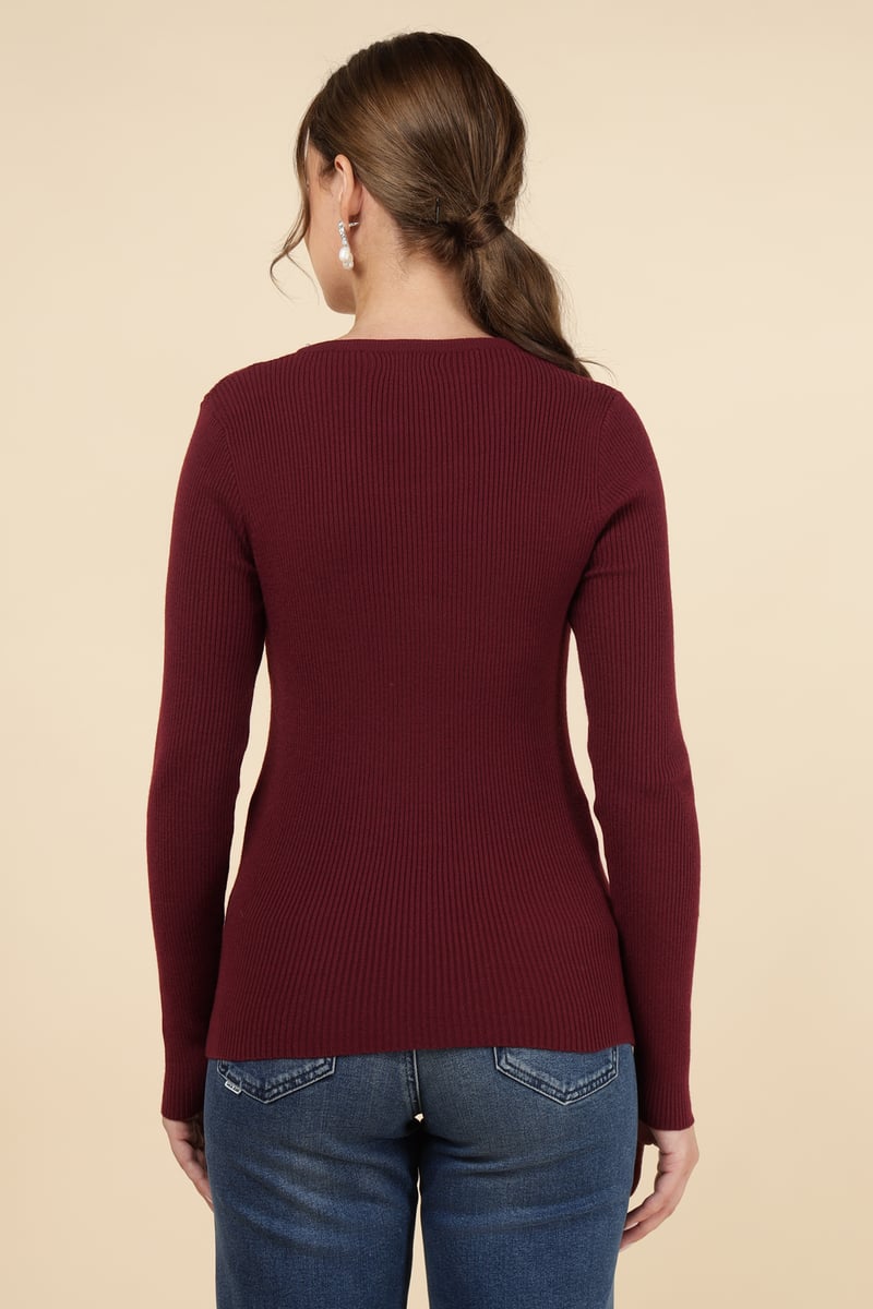 Bordo Rib-Knit V-Neck Sweater with Pearl Trim