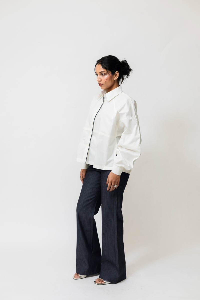 White Oversized Cotton Shirt with Contrast Piping