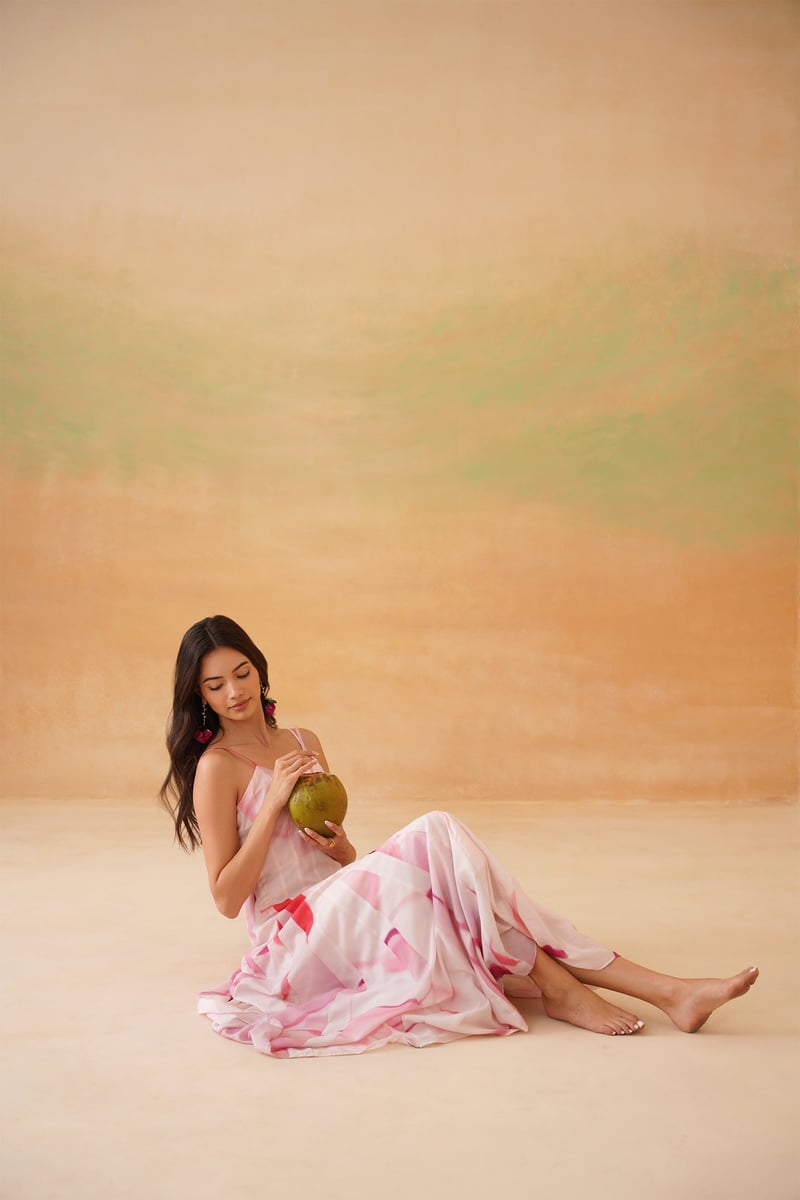 Baby Pink Abstract Floral Panelled Midi Dress