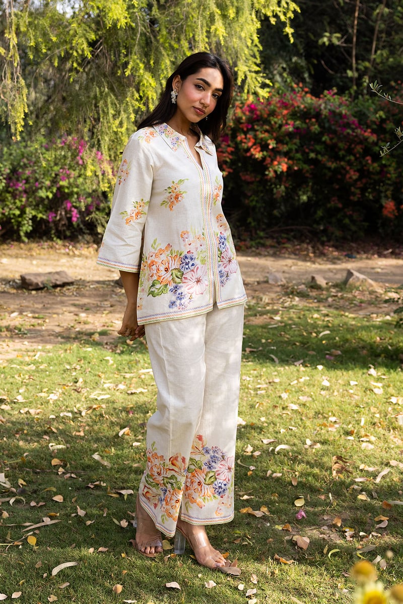 Cream Linen Floral Shirt and Trouser Co-ord Set