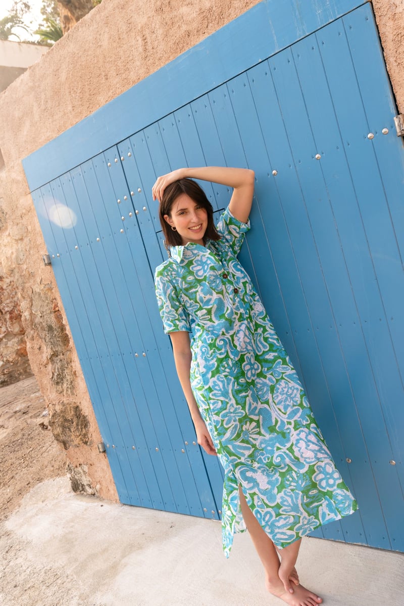 Multicolor Printed Kaftan Midi Dress with Button Front