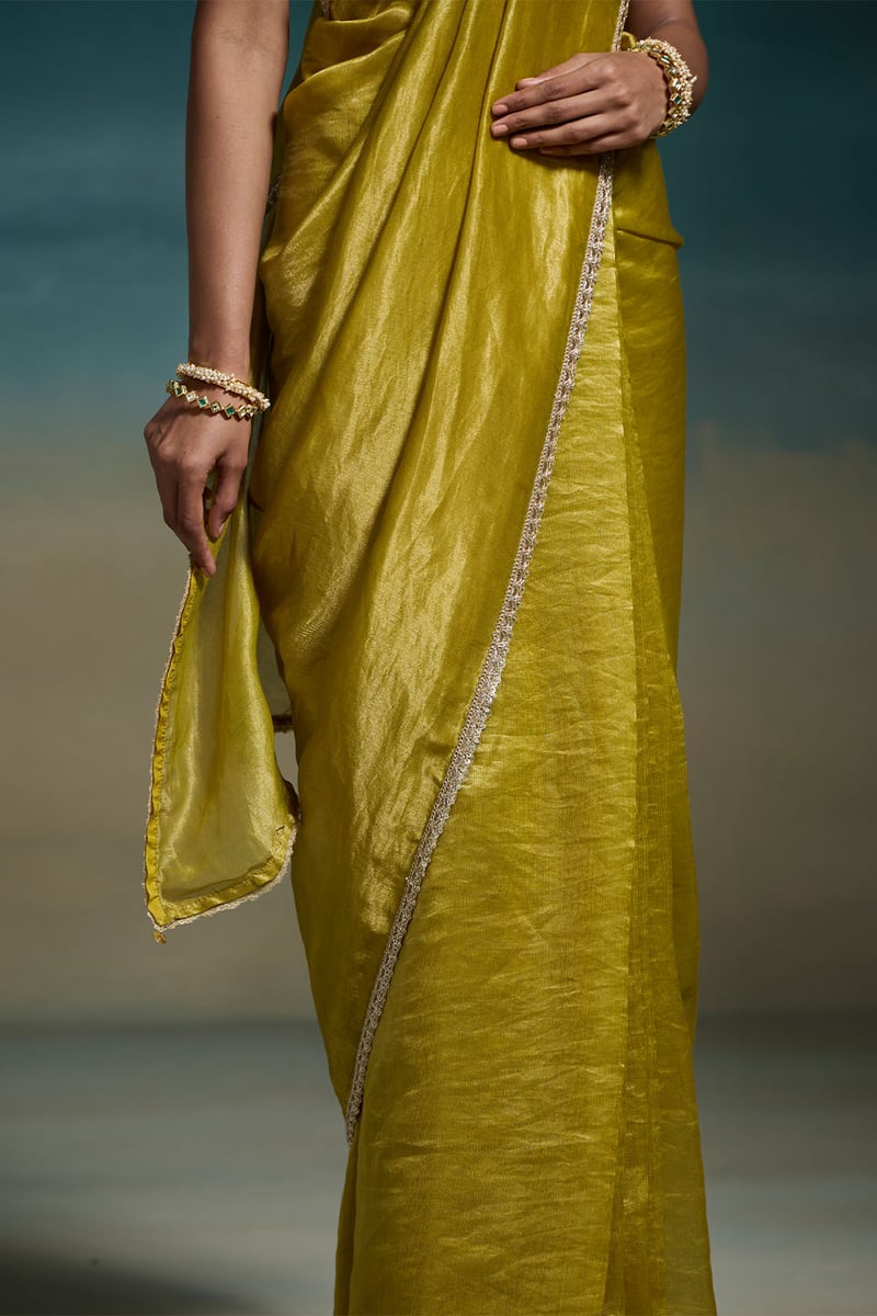 Green Chanderi Saree with Gold Zari Stripes and Sequin Border