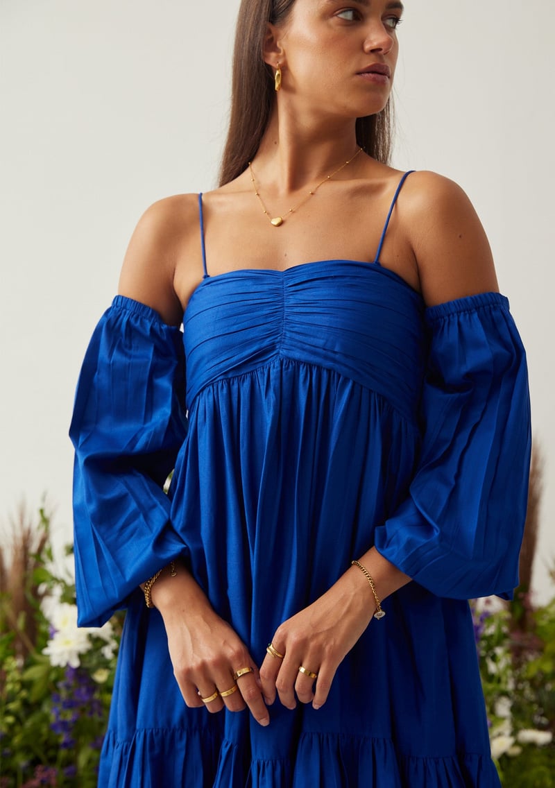 Royal Blue Tiered Midi Dress with Detachable Sleeves