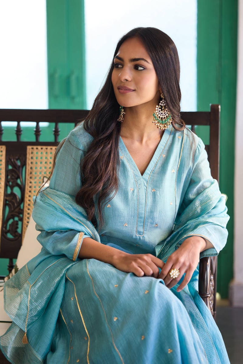 Sky Blue Silk Chanderi Embroidered Kurta Set