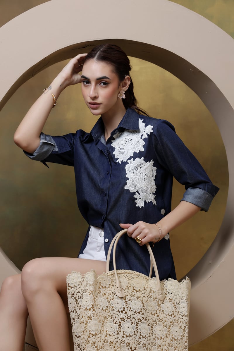 Dark Denim Shirt with White Lace Applique and High-Low Hem