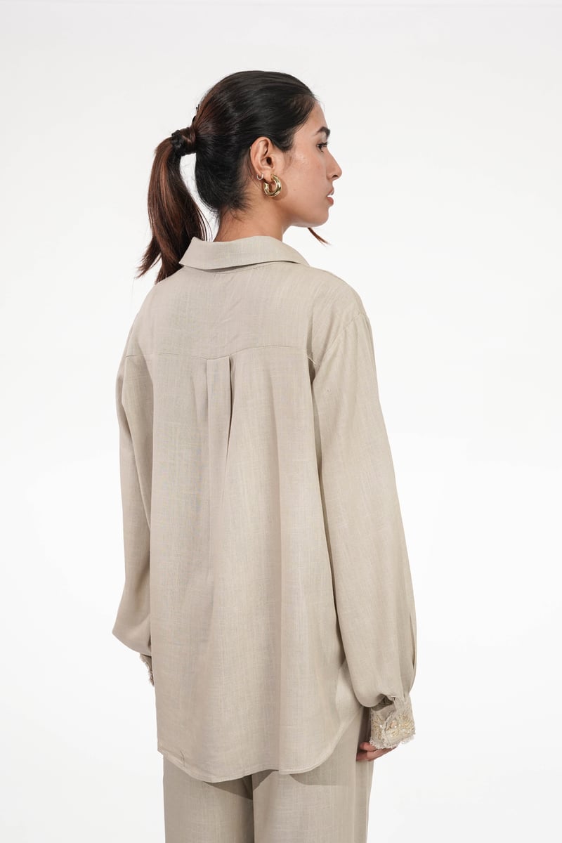 Beige Embroidered Shirt and Wide-Leg Pants Co-ord Set