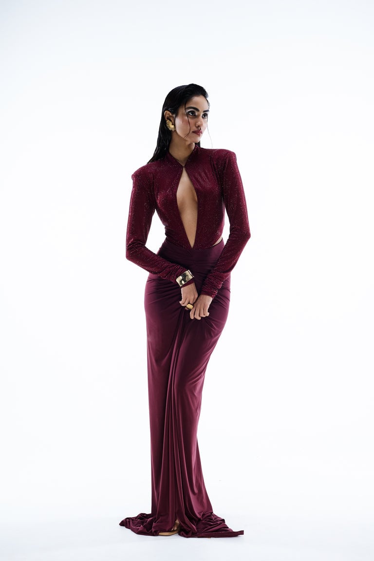 Wine Keyhole Neck Embellished Maxi Gown