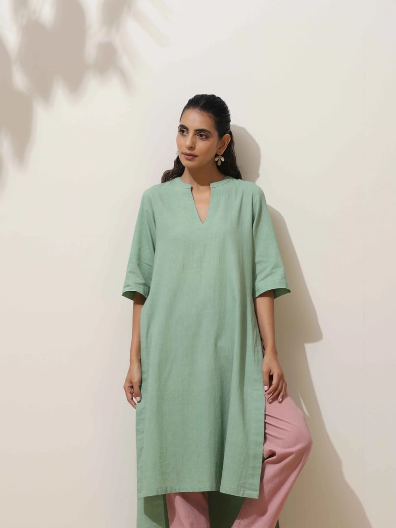 Mint Green Cotton Linen Straight Kurta Pant Set