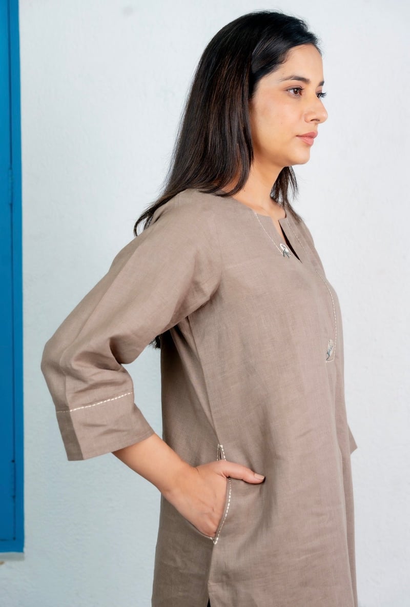 Taupe Linen Straight Kurta with Green Pant Set