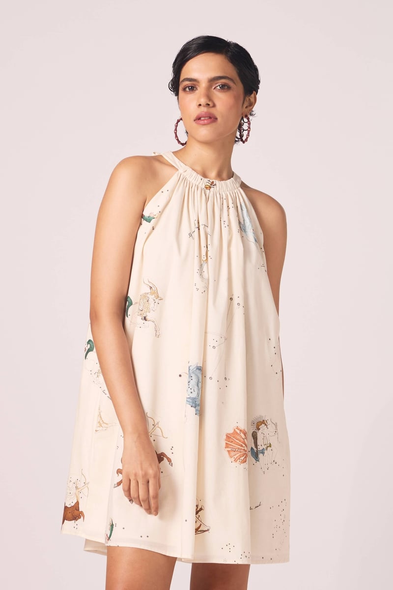 Beige Zodiac Print Halter Mini Dress with Bow-Tie Back