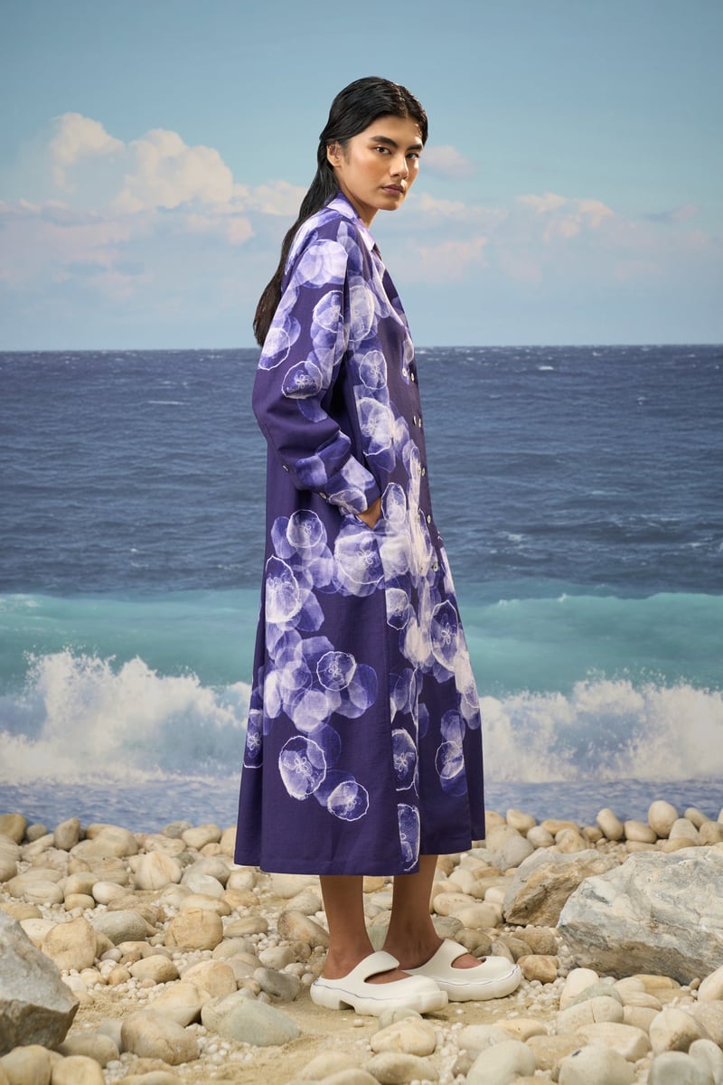 Purple/Navy Abstract Print Cotton Poplin Shirt Dress